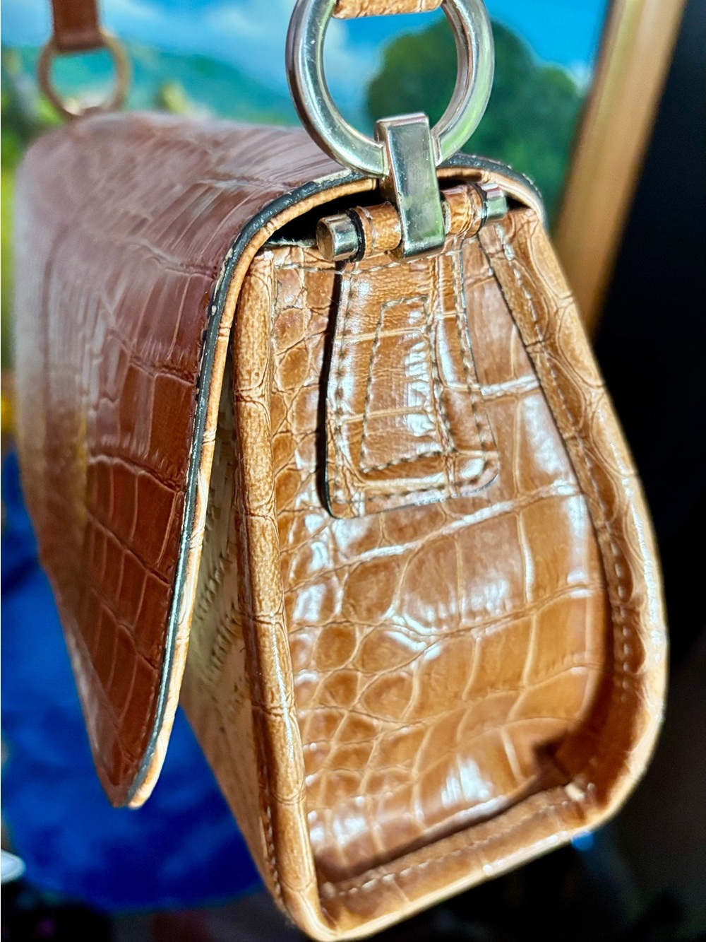 Liz Claiborne 90s Y2K Cognac Croc-Embossed and Woven Straw Shoulder Bag - Picture 3 of 16